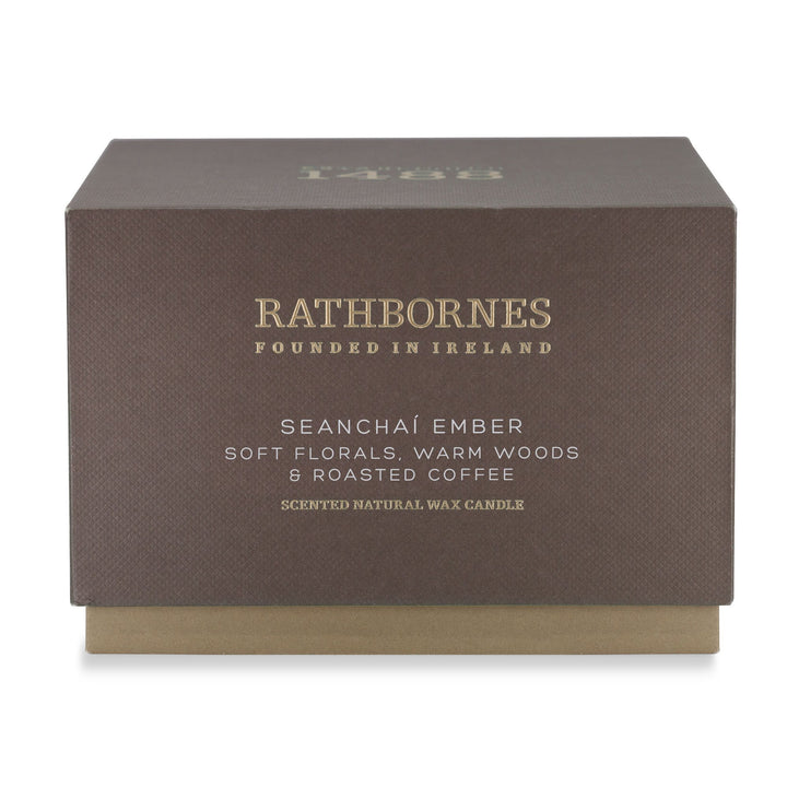 Mocha brown gift box for the Rathbornes Seanchaí Ember luxury scented candle