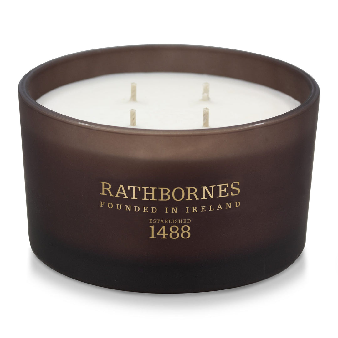 Rathbornes Seanchaí Ember (Roasted Coffee, Soft Florals & Warm Woods) luxury 4 wick scented candle in mocha brown glass