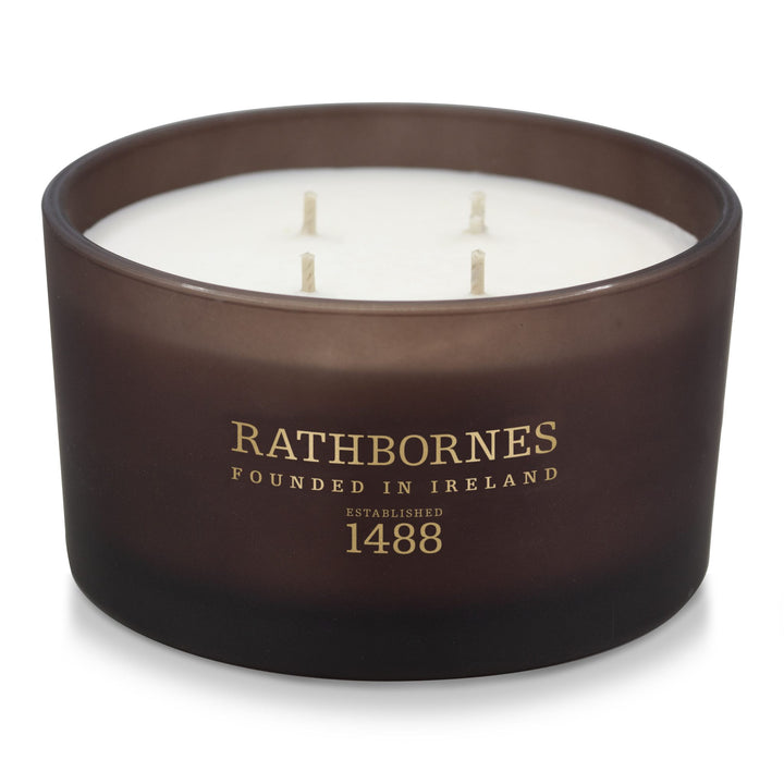 Rathbornes Seanchaí Ember (Roasted Coffee, Soft Florals & Warm Woods) luxury 4 wick scented candle in mocha brown glass