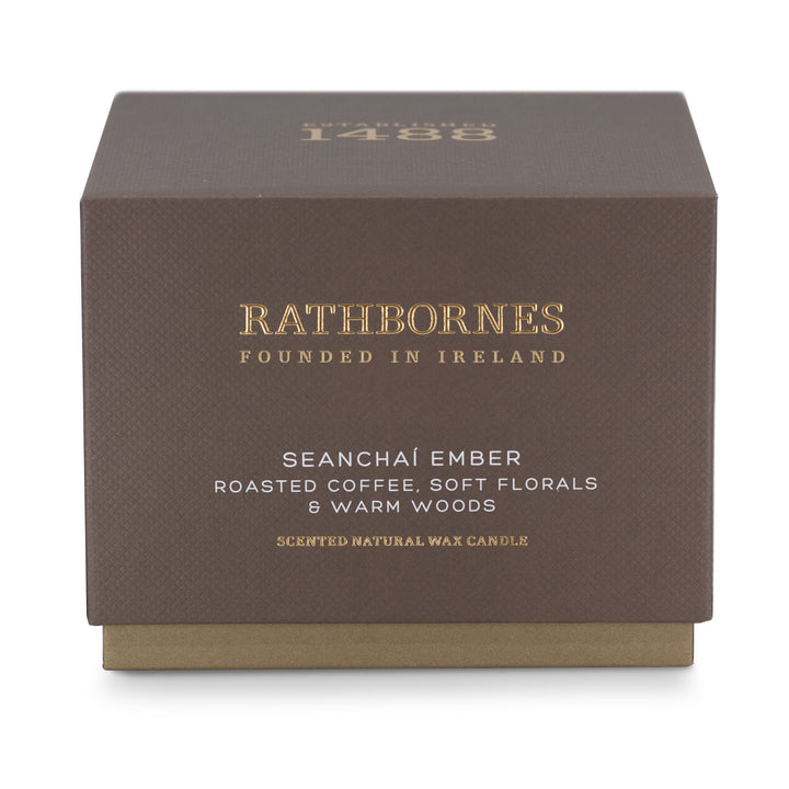 Mocha brown gift box for the Rathbornes Seanchaí Ember classic scented candle