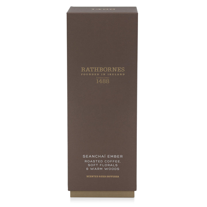 Mocha brown gift box for the Rathbornes Seanchaí Ember scented reed diffuser