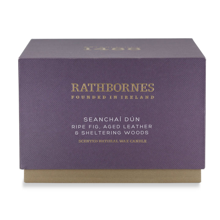 Aubergine gift box for the Rathbornes Seanchaí Dún luxury scented candle