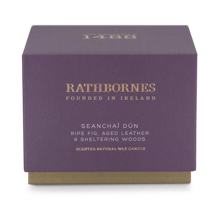 Aubergine gift box for the Rathbornes Seanchaí Dún classic scented candle