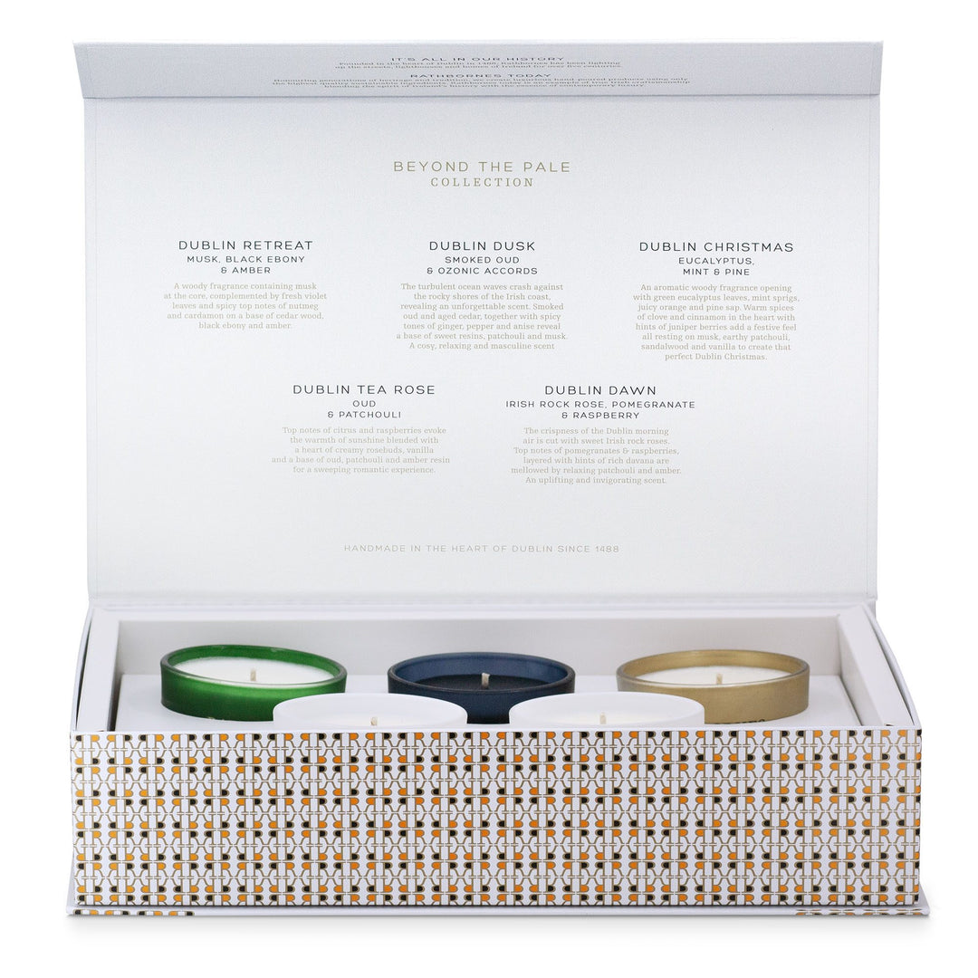 Rathbornes Dublin Discovery Set open box with five miniature scented candles