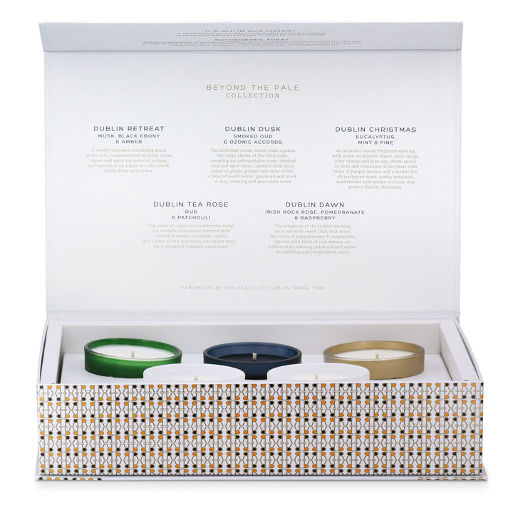 Rathbornes Dublin Discovery Set open box with five miniature scented candles