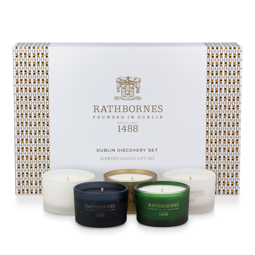 Rathbornes Dublin Discovery Set gift box with its five miniature scented candles