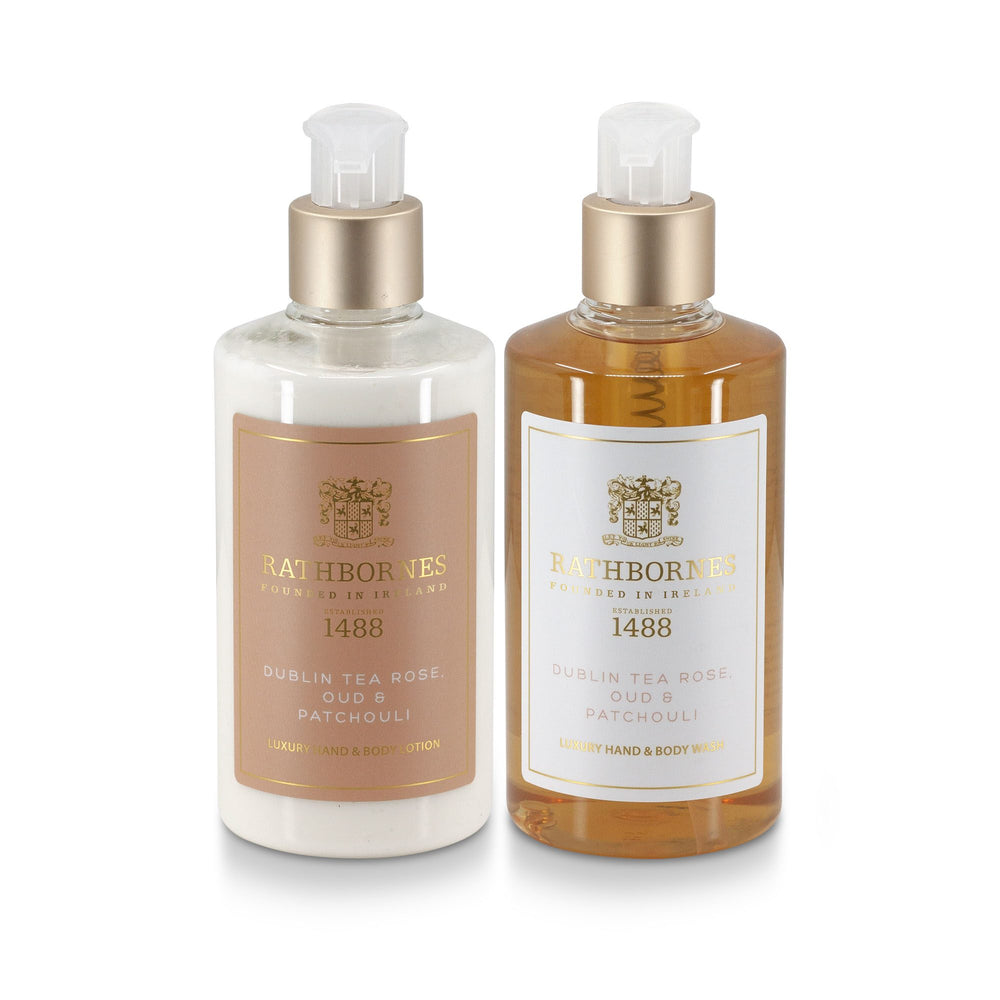 Rathbornes Dublin Tea Rose, Oud & Patchouli hand and body wash and lotion bottles