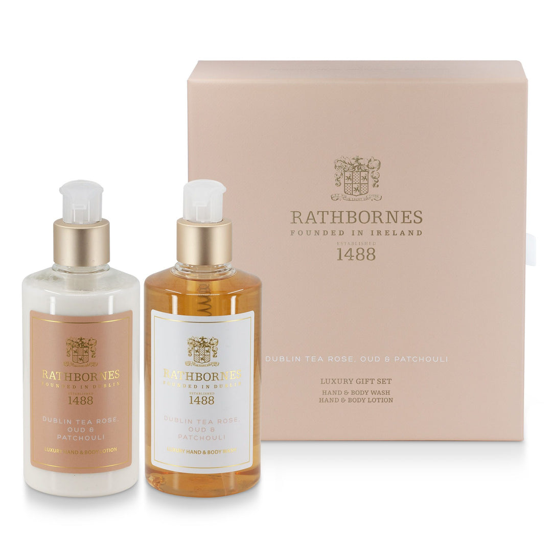 Rathbornes Dublin Tea Rose hand and body wash and lotion beside their gift box