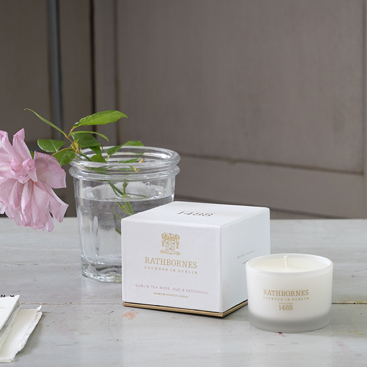 Dublin Tea Rose, Oud & Patchouli Scented Travel Candle